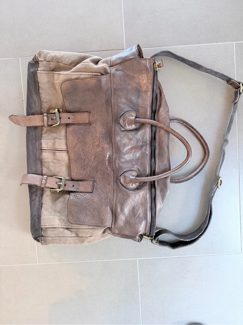 Campomaggi Nelson Brown Leather & Canvas Messenger Bag with Adjustable Strap